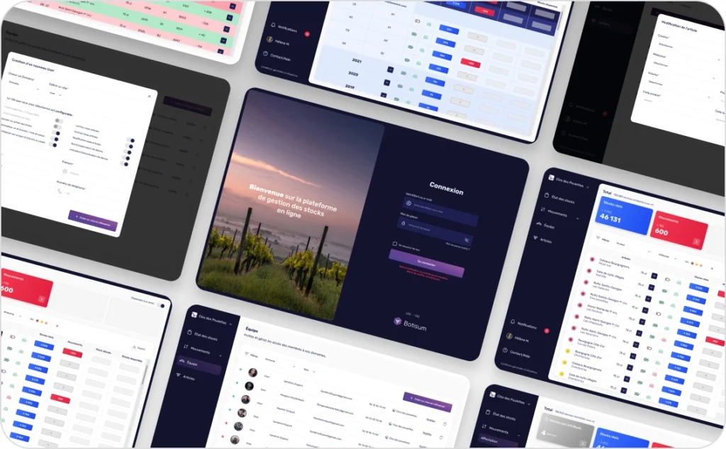 Mockup de pages de l'application Botisum, réalisée par l'agence HKM