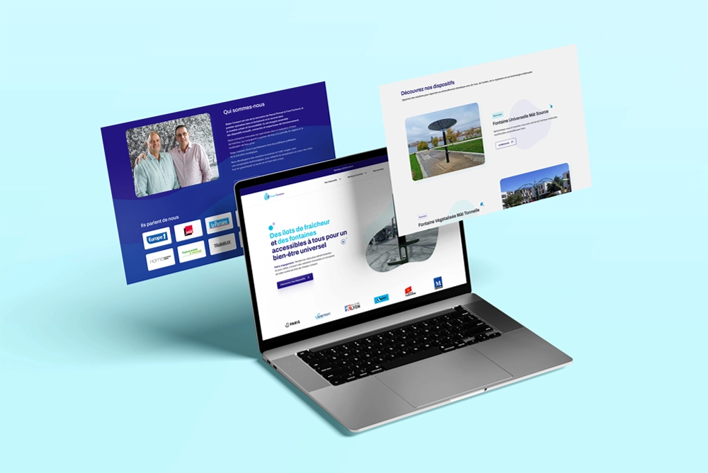 Mockup d'ordinateur avec plusieurs pages web du site Water Connect réalisé par l'agence HKM