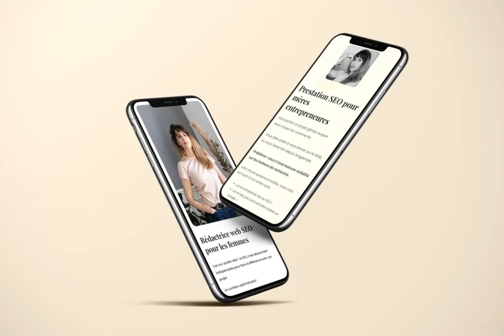 Mockup sur mobile des pages du site de Nina Senoyer, rédactrice web SEO