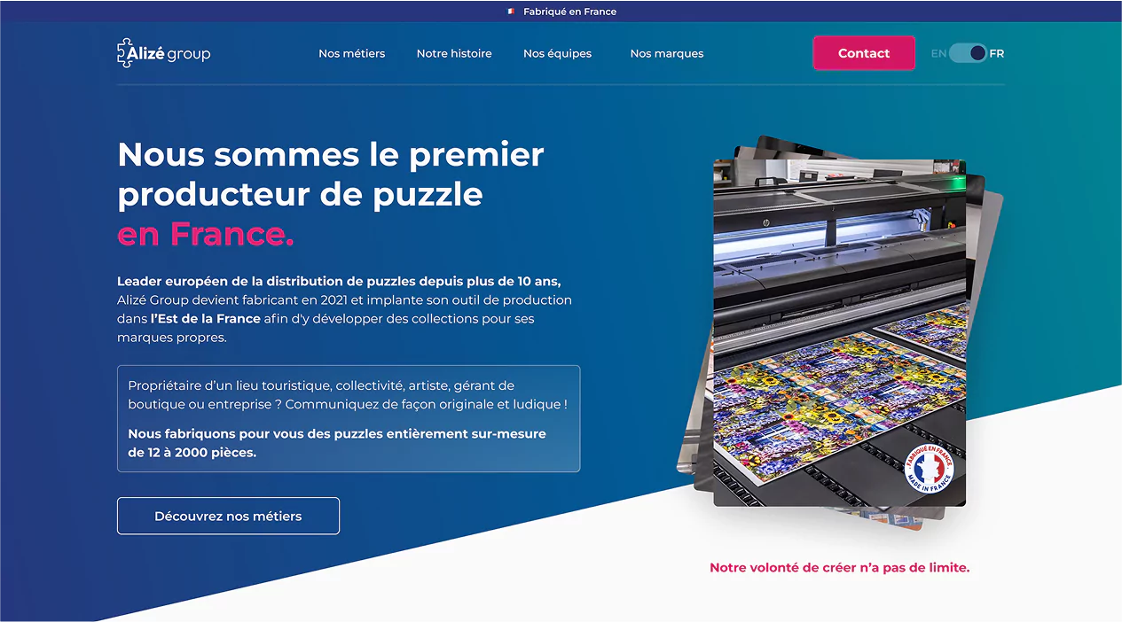 Homepage du site Alizé Group, fabricant et distributeur de puzzles, réalisée par l'agence HKM