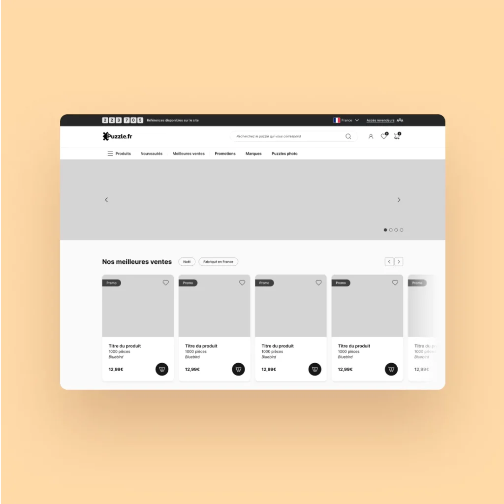 Wireframes du site puzzle.fr réalisés pour placer les éléments du site en amont des maquettes