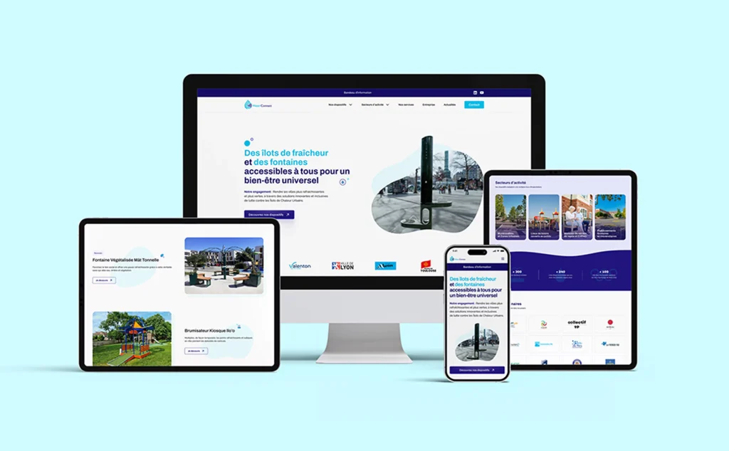 Mockups du site Water Connect sur différents supports (ordi, tablette, mobile)