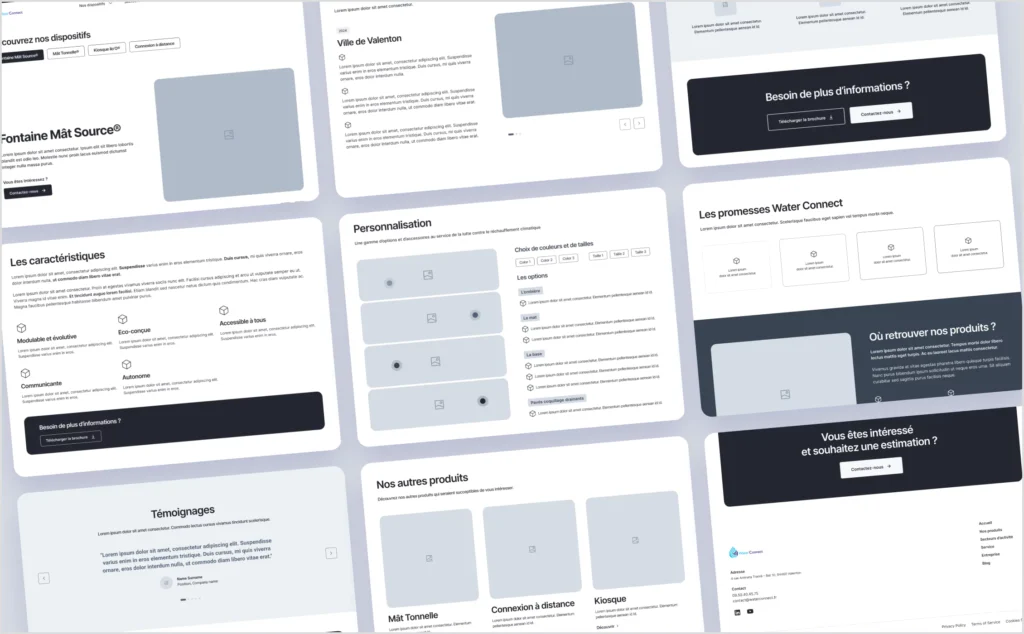Wireframes du site Water Connect réalisé par l'agence HKM