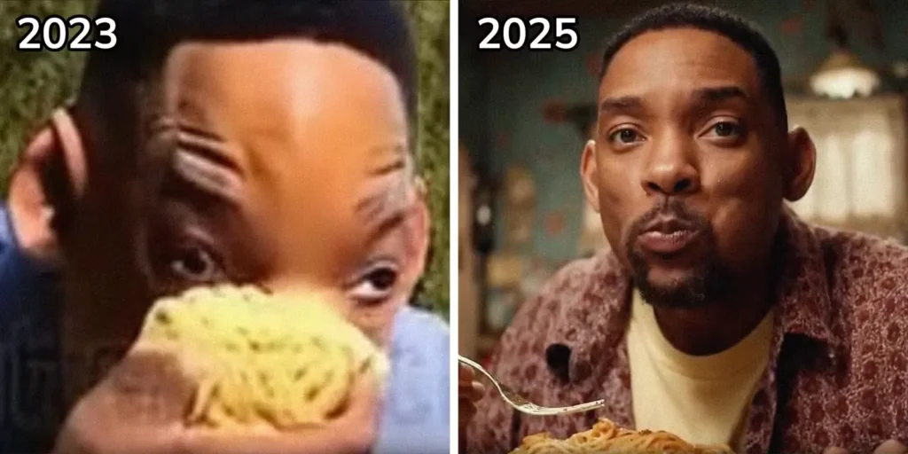 2023 : Will Smith avec une tête d'Alien, un front démesuré et des yeux bizarres.
2025 : Will Smith en train de manger un énorme plat de spaghettis