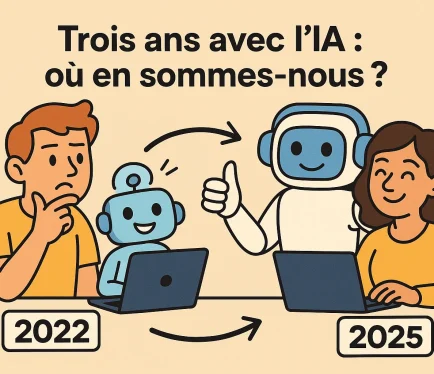 En 2022 : un homme dubitatif avec un petit robot sur un MacBook à sa gauche. 2025 : Une femme souriante avec un robot plus grand qui fait un pouce en l'air à sa droite.
