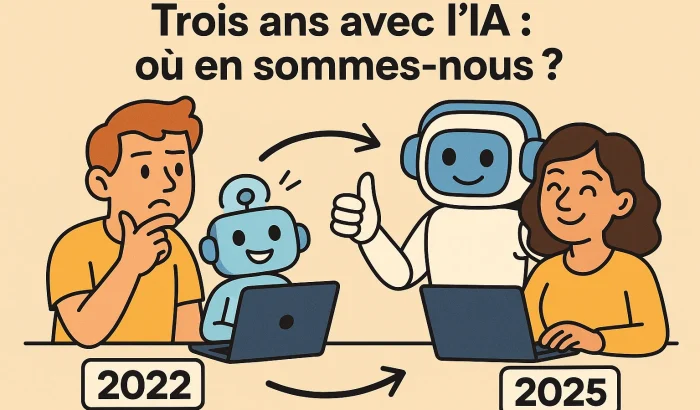 En 2022 : un homme dubitatif avec un petit robot sur un MacBook à sa gauche. 2025 : Une femme souriante avec un robot plus grand qui fait un pouce en l'air à sa droite.